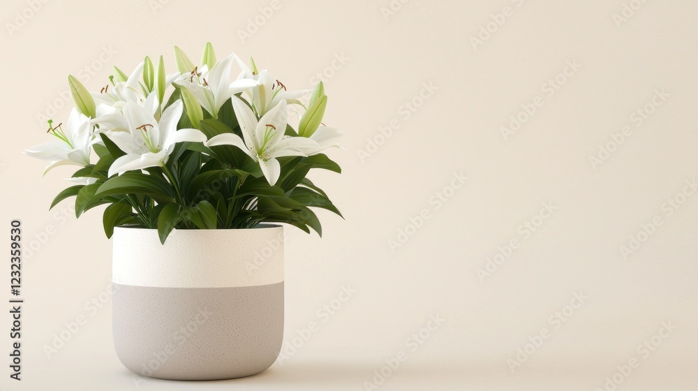 White Lilies in a Speckled Gray and White Pot