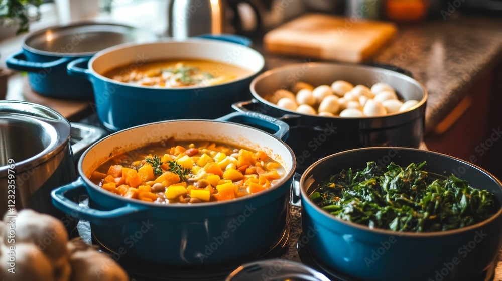 Several pots of colorful stews and greens. Several pots of colorful stews and greens.