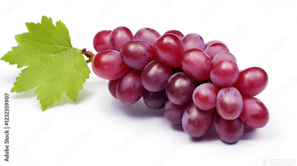Fototapeta premium A bunch of red grapes with a leaf on top