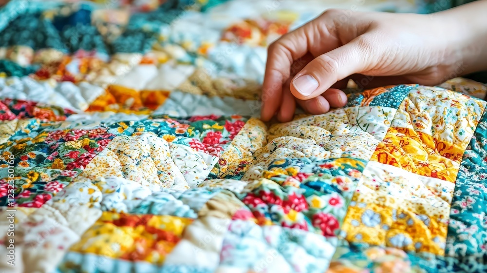 Obraz premium Skillful Handcrafting of Colorful Handmade Quilt in Soft Light