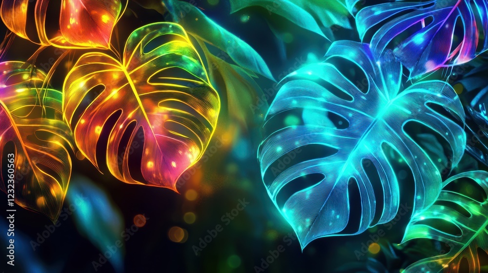 Obraz premium Abstract Neon Monstera Leaves Glowing in Forest