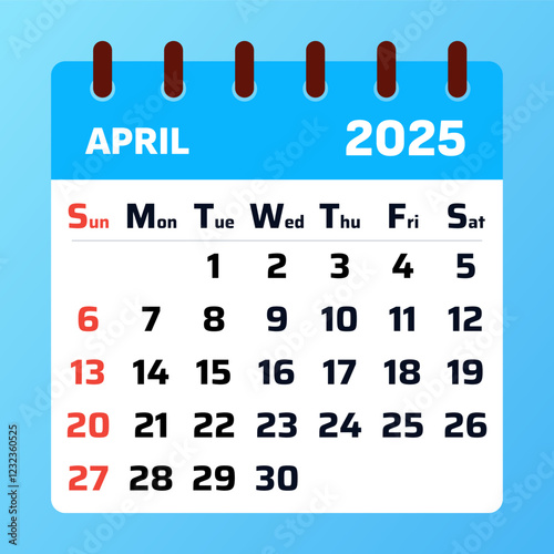 Blue Calender april 2025. Monthly planner for april 2025. Time Management and Scheduling Strategies. Calendar for the month. Vector illustration
