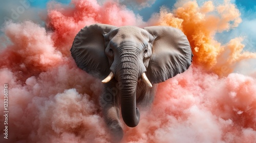 A stunning elephant emerges from vibrant clouds of pink and orange smoke, symbolizing strength and beauty against a surreal and artistic backdrop of colors.