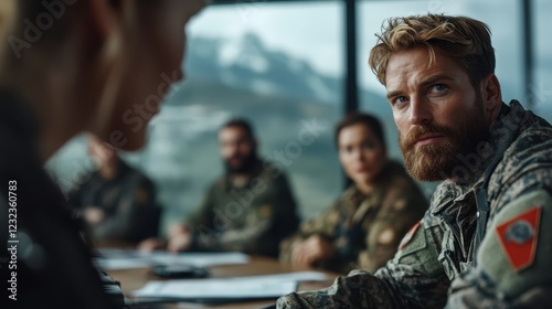 A tense military meeting is depicted with soldiers and staff showing serious expressions during a strategic briefing, highlighting their commitment and intensity. photo