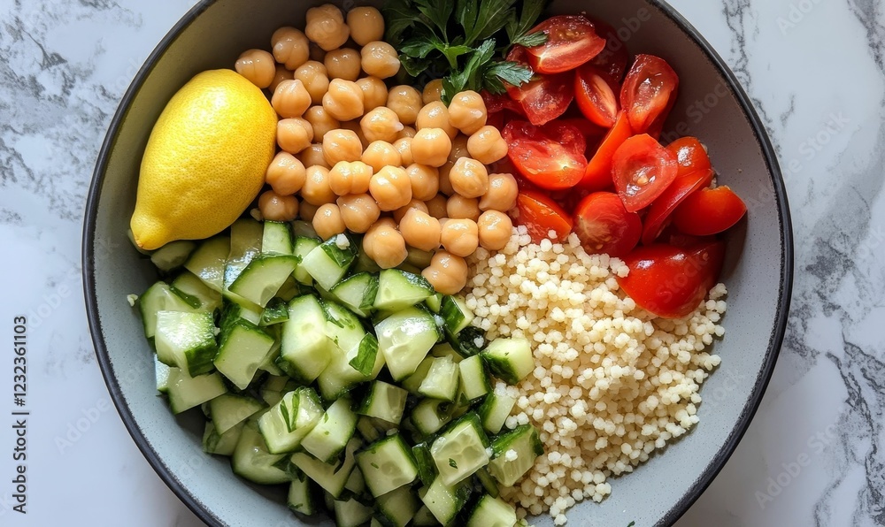 Colorful grain bowl with chickpeas, cucumber, tomatoes, and lemon. Colorful grain bowl with chickpeas, cucumber, tomatoes, and lemon.