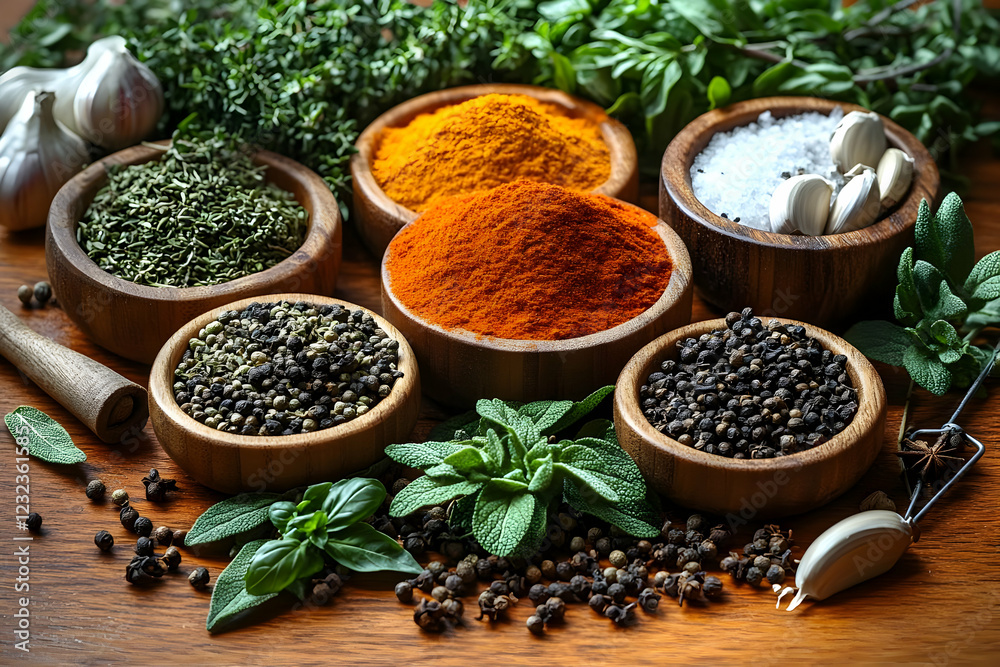 Variety of Spices and Herbs in Wooden Bowls on Rustic Table Variety of Spices and Herbs in Wooden Bowls on Rustic Table