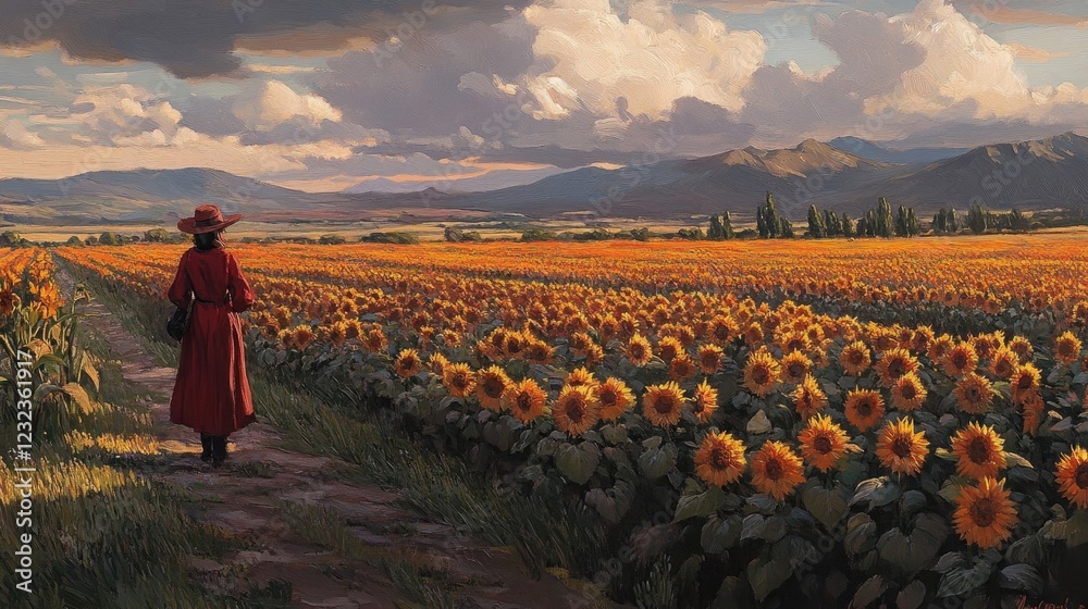 Fototapeta premium Woman in Red in Sunflower Field