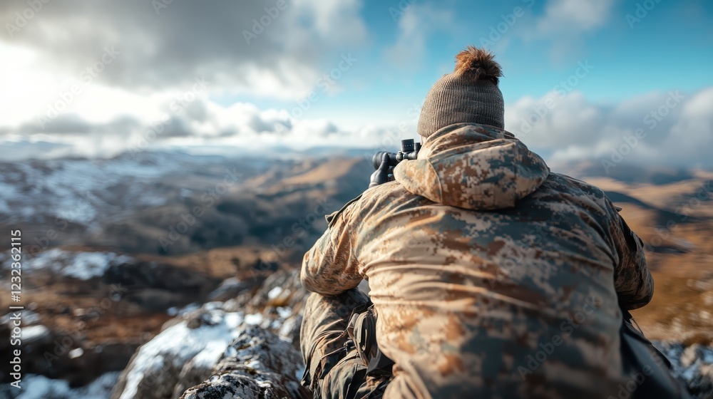A soldier in camouflage is positioned atop a rocky area, carefully scouting a snowy mountain valley, illustrating the blend of military vigilance and natural beauty. A soldier in camouflage is positioned atop a rocky area, carefully scouting a snowy mountain valley, illustrating the blend of military vigilance and natural beauty.