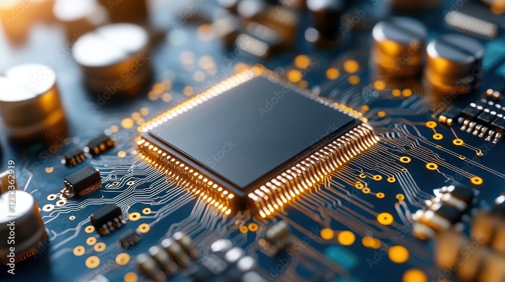 Close up view of a glowing chip with intricate interconnected circuitry on an electronic circuit board showcasing the complexity and innovation of modern computer technology and intelligence Close up view of a glowing chip with intricate interconnected circuitry on an electronic circuit board showcasing the complexity and innovation of modern computer technology and intelligence