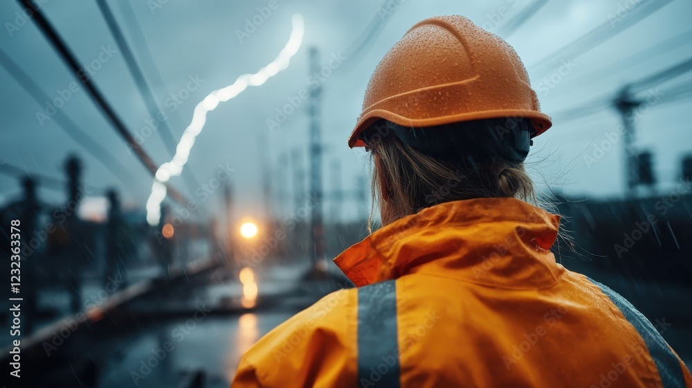 A safety worker clad in bright rain gear observes an impending lightning storm, showcasing the tension and potential danger while demonstrating preparedness and professional diligence. A safety worker clad in bright rain gear observes an impending lightning storm, showcasing the tension and potential danger while demonstrating preparedness and professional diligence.
