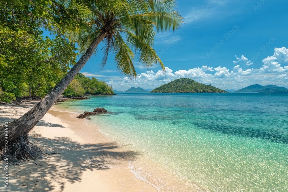 Fototapeta premium Serene tropical beach with clear turquoise water and palm trees on a sunny day in coastal paradise