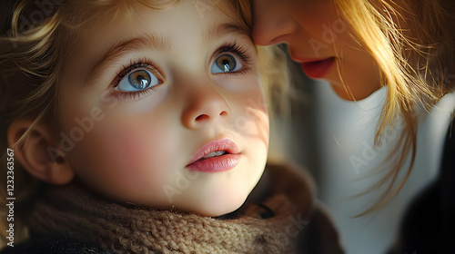 A child gazes upward with w...