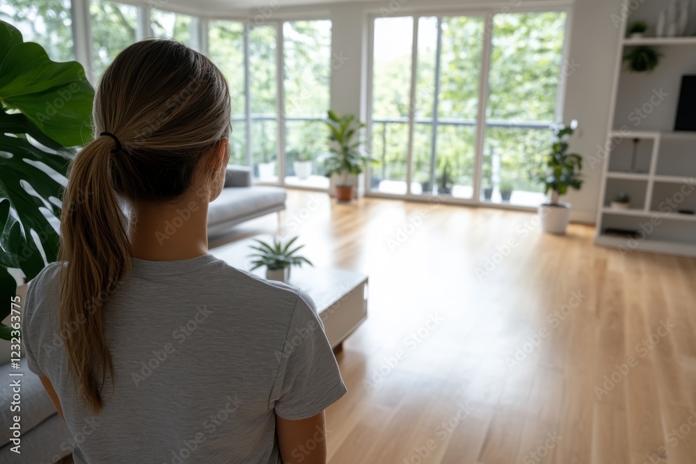 A woman stands in contemplation, looking out over a spacious living area filled with lush plants, reflecting a connection to nature and the serenity of modern living. A woman stands in contemplation, looking out over a spacious living area filled with lush plants, reflecting a connection to nature and the serenity of modern living.