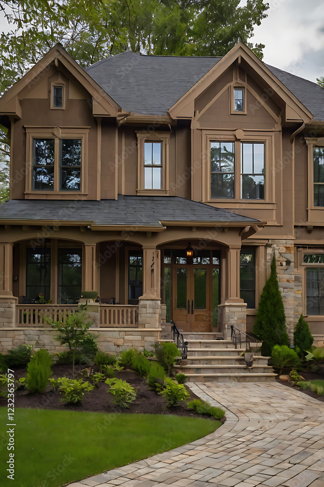 Fototapeta premium Luxury Craftsman Home Exterior: Dream House Design, Landscaping, and Architecture