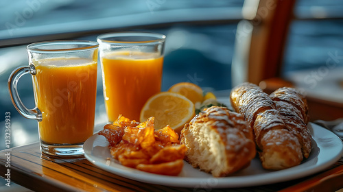 Breakfast of pastries, juic...