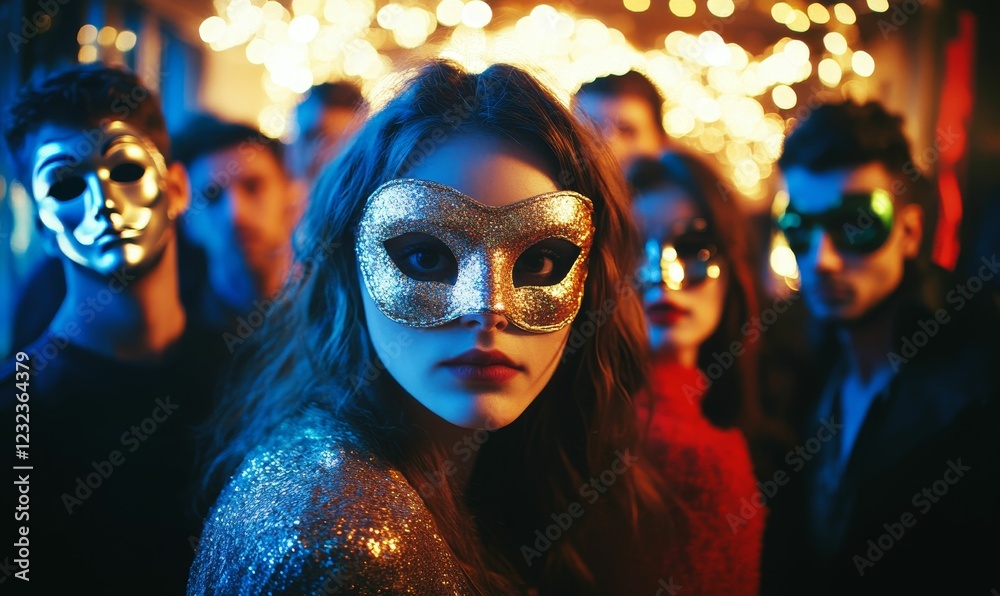 Masked woman, glittering attire, festive crowd, colorful lights.