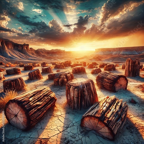 Petrified Forest with Ancient Logs Fossilized tree trunks scatte