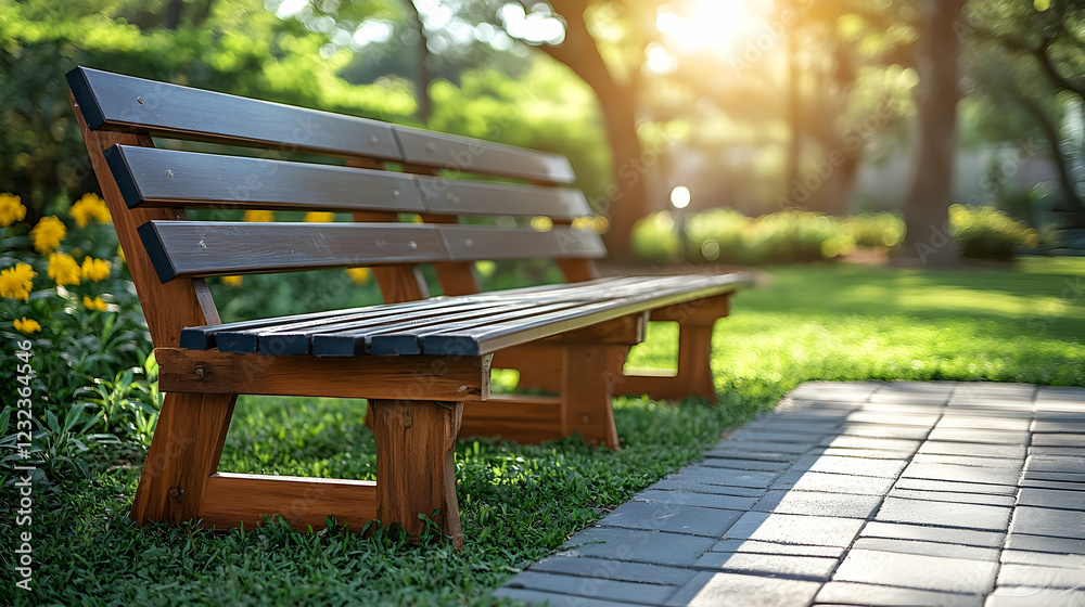 Empty Bench Sits Peacefully in a Lush Green Park with Warm Sunlight Streaming Through the Trees, Perfect Rest Stop Empty Bench Sits Peacefully in a Lush Green Park with Warm Sunlight Streaming Through the Trees, Perfect Rest Stop