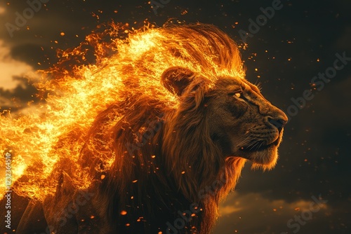 A close-up of a majestic lion with a mane made entirely of flames standing against a dark, stormy sky