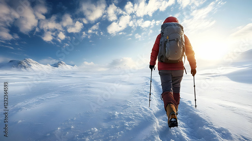Hiker trekking across snowy...