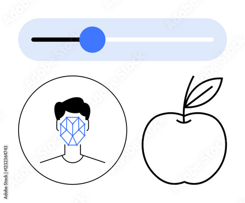 Facial recognition in circle with geometric design overlay, adjustable slider, and apple icon. Ideal for AI, machine learning, biometric security, customization, tech interfaces, user settings