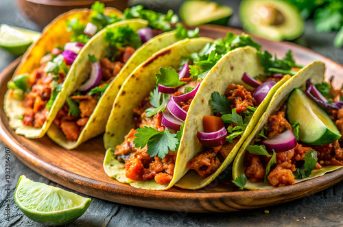 plant-based recipes ,Tasty tacos filled with seasoned meat, fresh cilantro, red onions, and lime, served on a wooden platter with avocado and lime wedges. photo