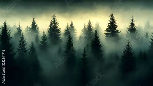 Misty Forest Scene with Pine Trees Shrouded in Fog at Dawn or Dusk Quietly