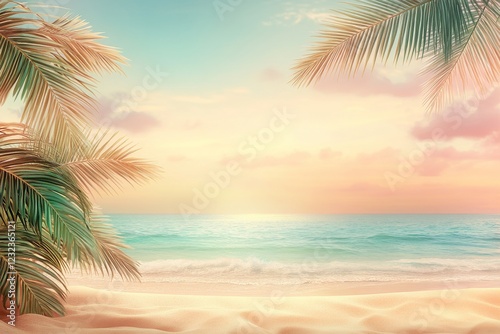 Sunset over a tranquil beach with palm trees framing the soft waves and gentle horizon at the end of a beautiful day