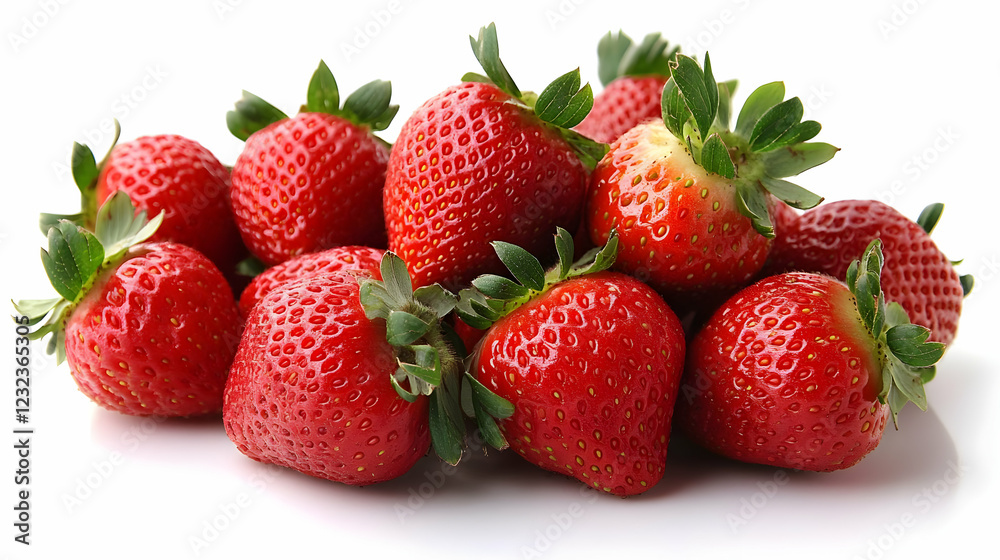 Fresh Strawberries Displayed on a White Background with Green Leaves Fresh Strawberries Displayed on a White Background with Green Leaves