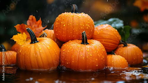 Pumpkins float in water wit...