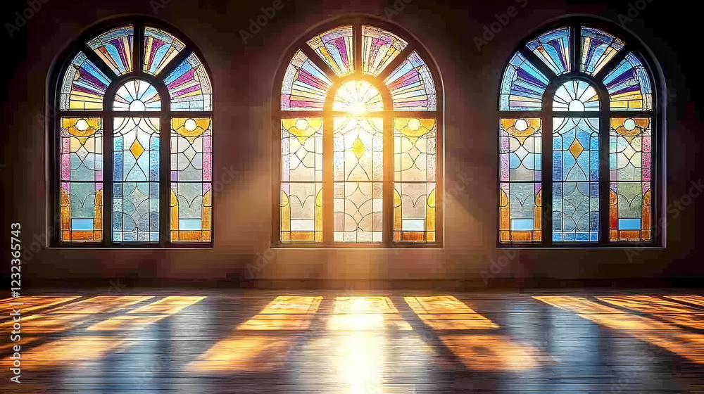 Sunlight Streams Through Vibrant Stained Glass Windows Illuminating a Wooden Floor Beautifully Sunlight Streams Through Vibrant Stained Glass Windows Illuminating a Wooden Floor Beautifully