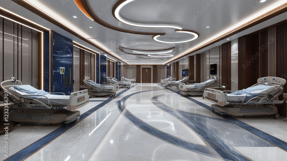 Fototapeta premium Modern hospital ward, beds, recovery, luxury design, interior, healthcare, hallway, render