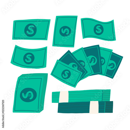 Money, finance, payment sign, icon, composition. Cute hand drawn doodle market, earning, deposit, currency, payment illustration with pile, stack of American dollars. Financial business background