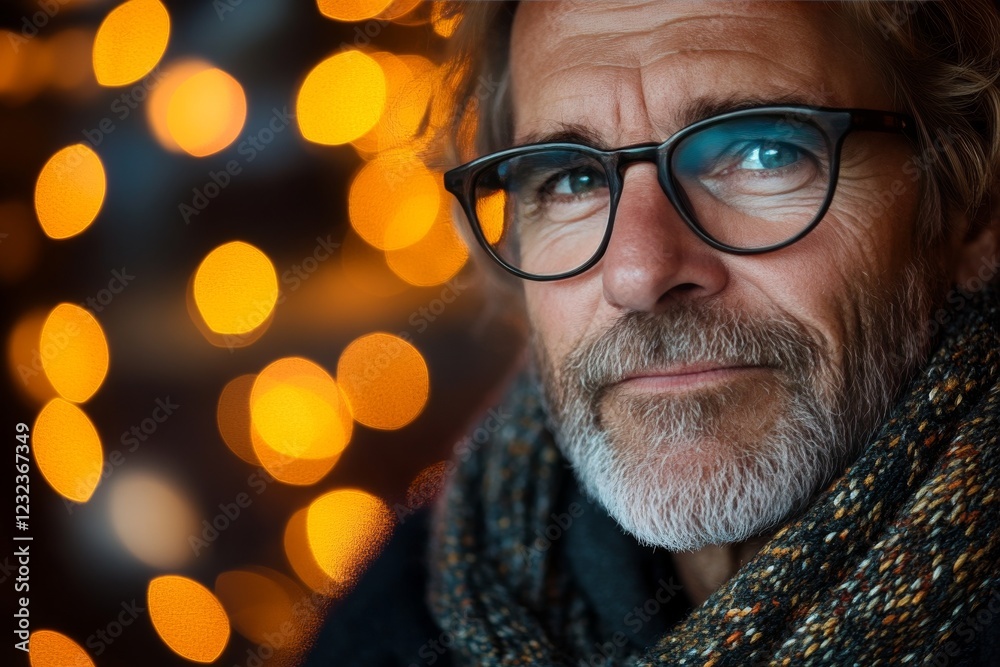 Focused man with glasses amidst warm glowing lights during an evening gathering Focused man with glasses amidst warm glowing lights during an evening gathering