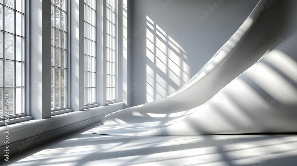 Obraz premium White Abstract Sculpture in a Room with Large Windows and Natural Light streaming through.