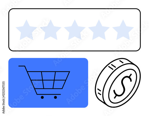 Star rating bar, shopping cart icon, and coin with dollar sign highlight e-commerce, reviews, payments, digital purchases, shopping, financial transactions and online applications. Abstract line