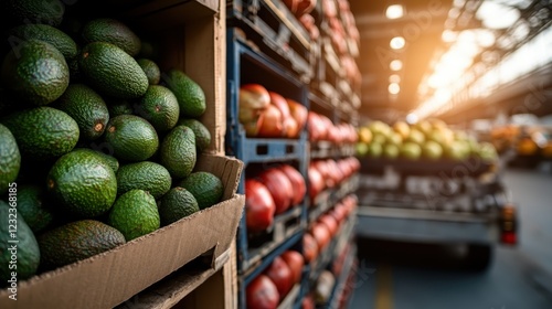 This image showcases a vibrant display of fresh avocados in wooden crates, highlighting their rich green color and healthy appeal for food enthusiasts. photo