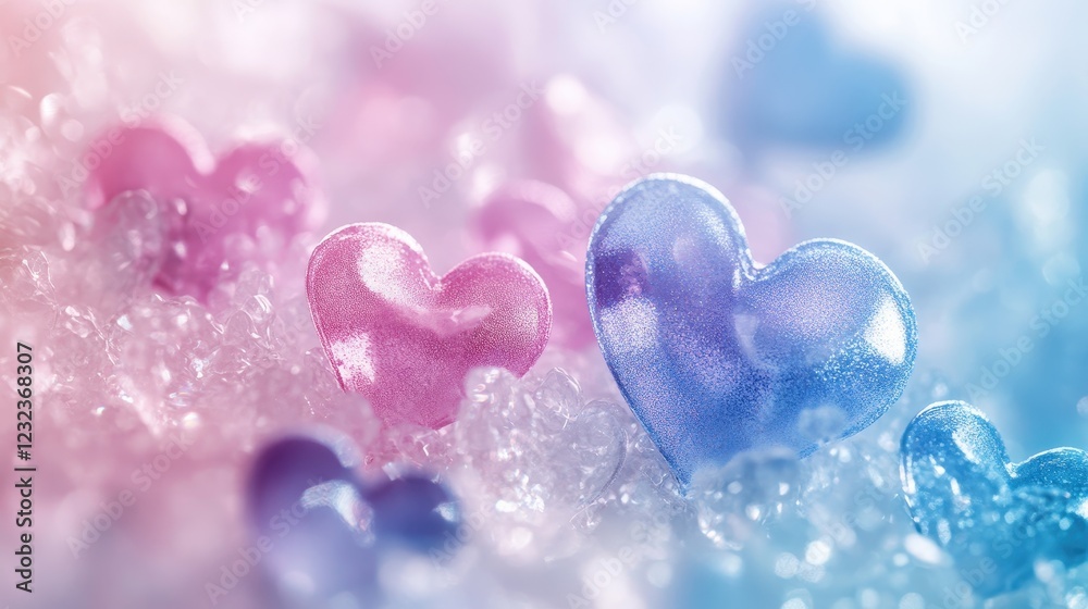 Obraz premium Colorful Translucent Heart Shapes on Sparkling Background with Soft Focus and Pastel Tones