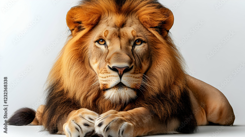 Fototapeta premium Majestic Lion Rests Calmly on a White Background, Displaying its Regal Presence and Power.