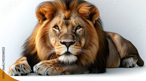 Majestic Lion Rests Calmly on a White Surface, Paws Gently Folded