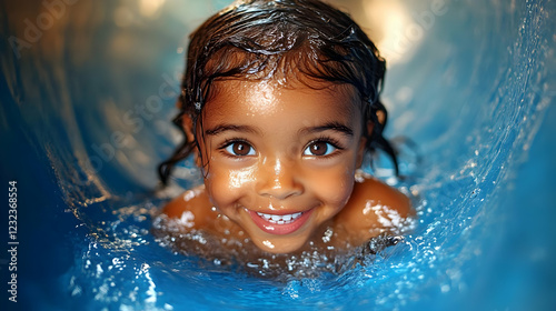 Smiling Child Swims in Blue...