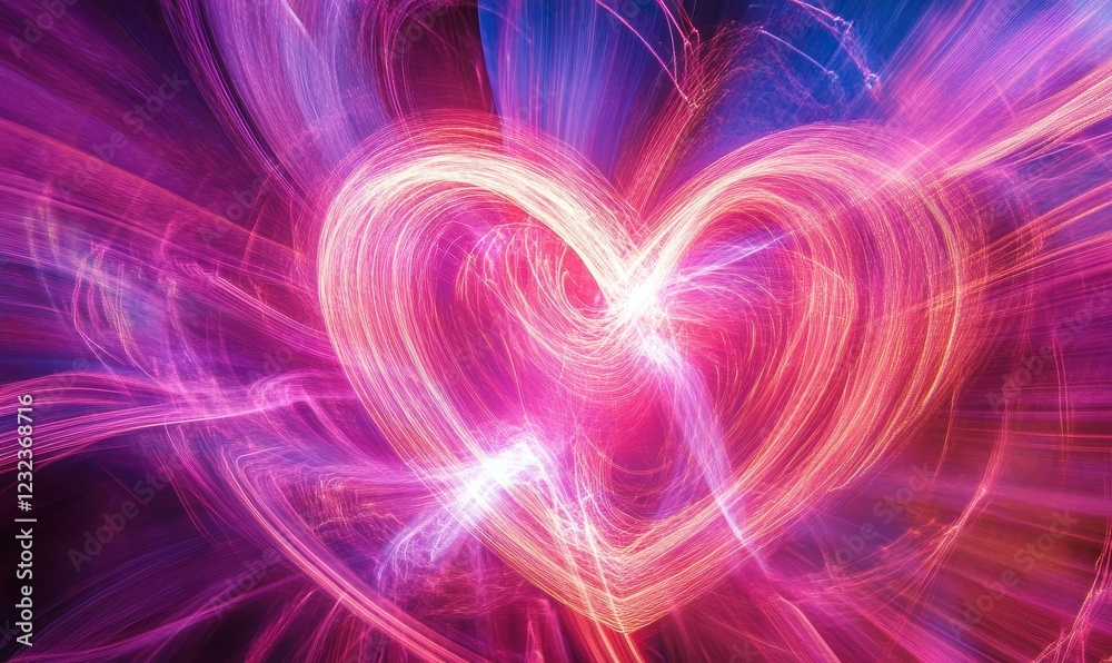 Abstract heart formed by swirling, luminous lines.