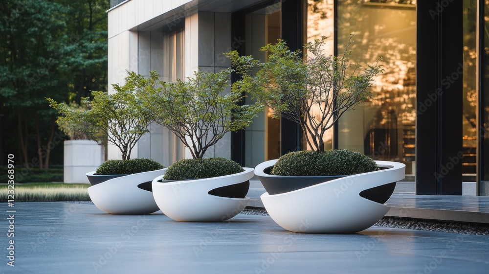 Three modern white planters with green plants outside a building. Three modern white planters with green plants outside a building.