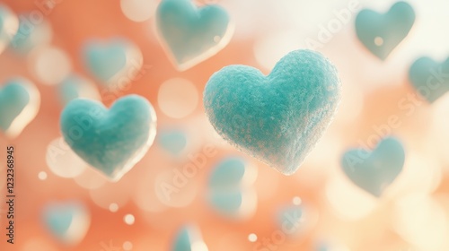Soft Blue Hearts Floating in a Dreamy Bokeh Background with Warm Tones and Gentle Lighting