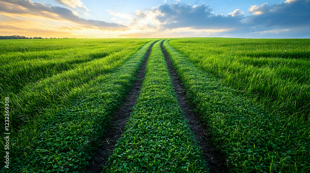 Dirt road cuts through a vibrant green field under a beautiful sunset sky with dramatic clouds. Dirt road cuts through a vibrant green field under a beautiful sunset sky with dramatic clouds.