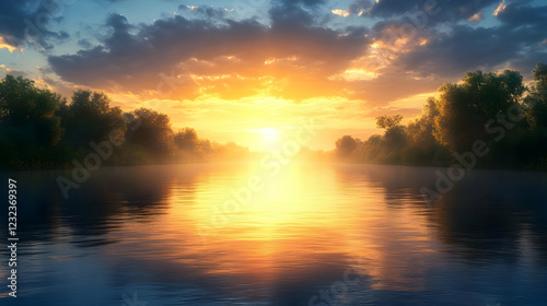 Golden Sunset Illuminates Tranquil River Flowing Through Lush Green Forest at Dusk