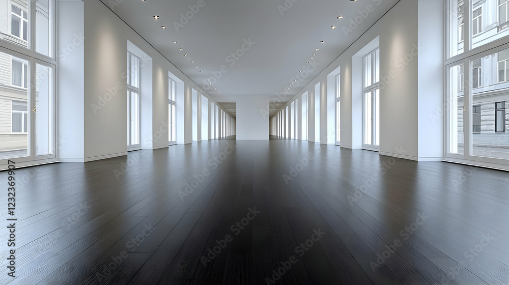 Empty Hallway with Dark Wooden Floor and White Walls Creates Modern Interior Design Empty Hallway with Dark Wooden Floor and White Walls Creates Modern Interior Design
