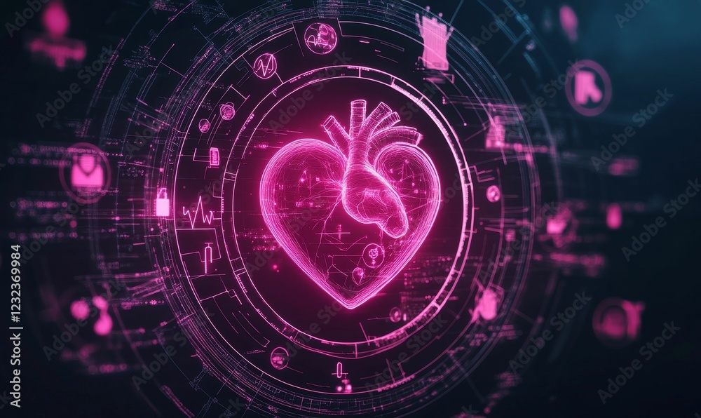 Fototapeta premium Pink heart, data lines and abstract icons glow.