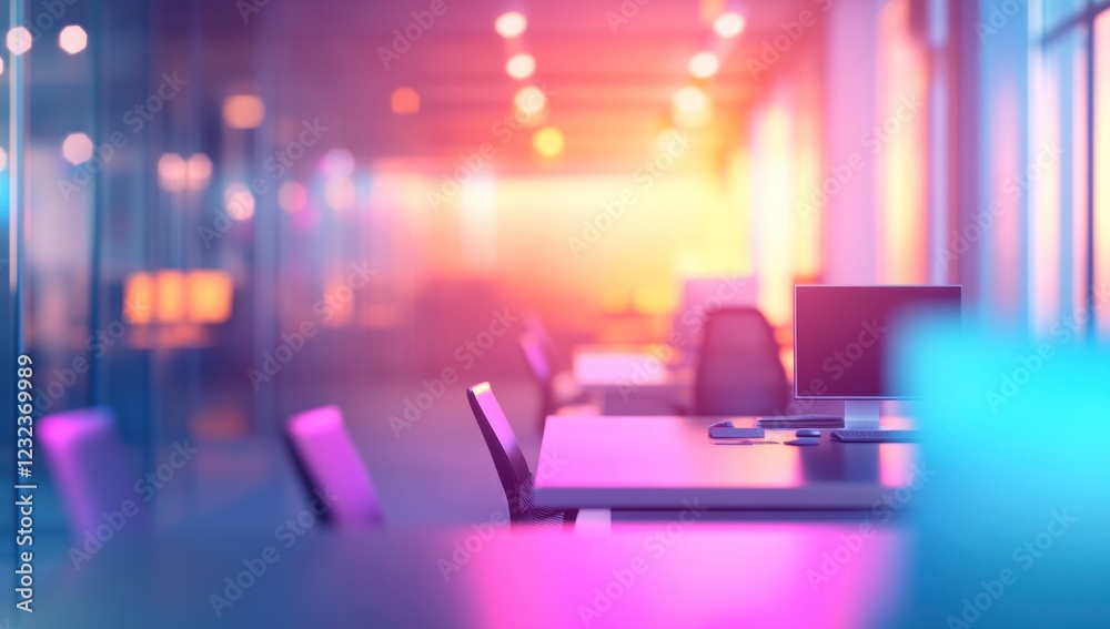 Neon-lit Office Workspace: A Modern, Vibrant Business Environment