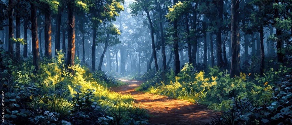 Obraz premium Sun rays illuminate a path leading through a dense forest.